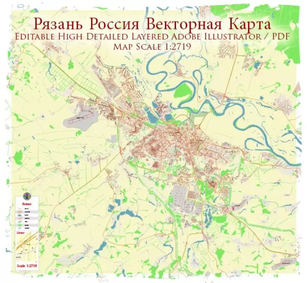 Ryazan Russia Map Vector High Detailed editable Adobe Illustrator in layers, + Housenumbers