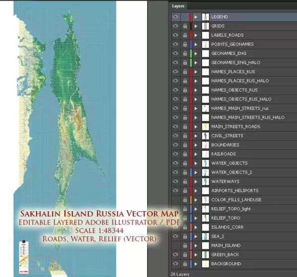 Sakhalin Island Russia Vector Map (Roads, Relief, Water) Editable Layered Adobe Illustrator